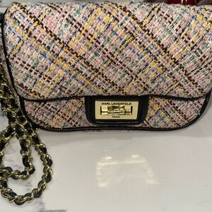Karl Lagerfeld Paris Agyness tweed shoulder bag with a turn-lock closure